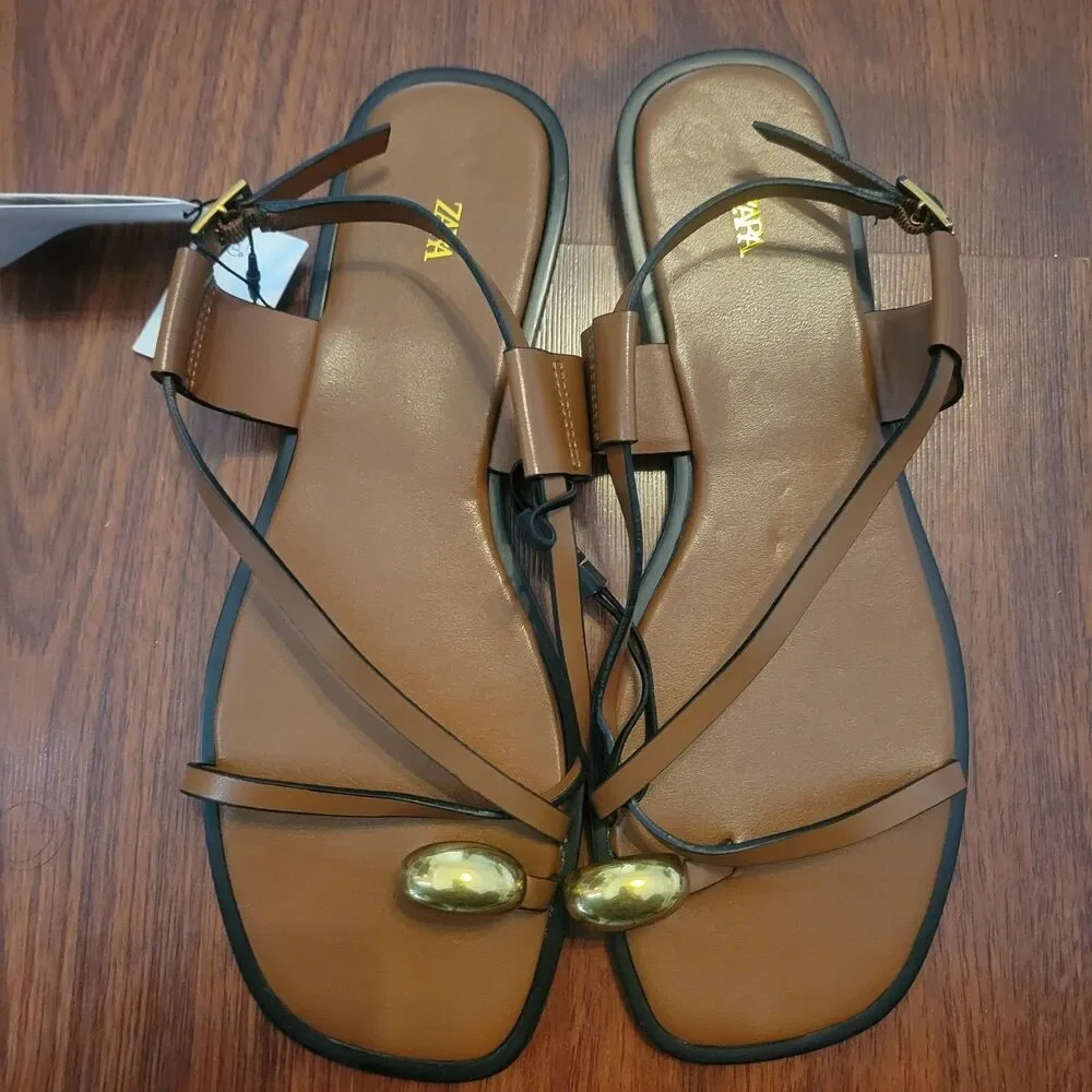 ZARA Brown Toe Ring Strappy Flat Sandals Gold Accent Women Size 8 EU 39 NWT - Picture 4 of 9